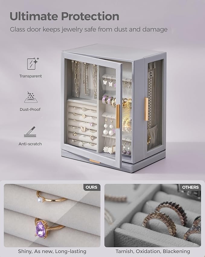 360° Rotating Jewelry Box with 5 Drawers, Spacious Vertical Jewelry Organizer with Glass Window, Jewelry Storage Case, Dustproof & Moisture-resistant Design, Grey