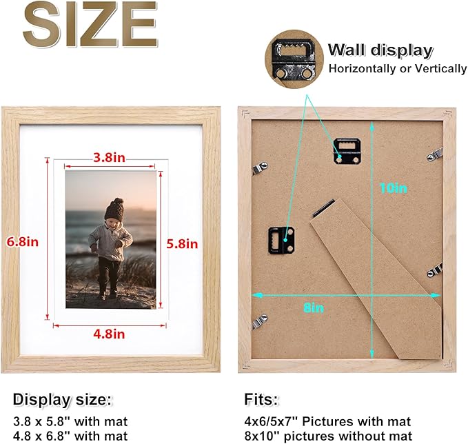 KINLINK 8x10 Picture Frame Natural, Solid Wood Frames with Acrylic Plexiglass for Pictures 4x6/5x7 with Mat or 8x10 without Mat, Tabletop and Wall Display Photo Frame, Set of 4