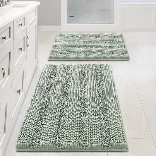 H.VERSAILTEX Sage Bathroom Rugs, Bath Mat Set of 2 Extra Thick Chenille Striped Pattern Shaggy Bath Rugs for Bath Room, Non Skid Bath Mats for Bathroom Floor (32 x 20 Plus 24 x 17 - Inches)