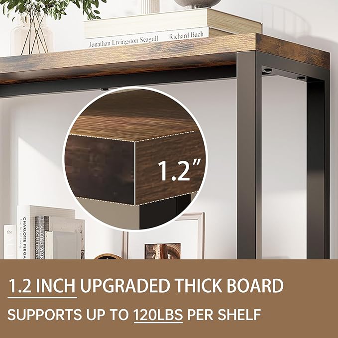 4-Tier Adjustable Heavy Duty Bookshelf, Industrial Wooden Open Storage Rack with Black Metal Frame, Vintage Bookcase with Lock Wall Design, Rustic Brown