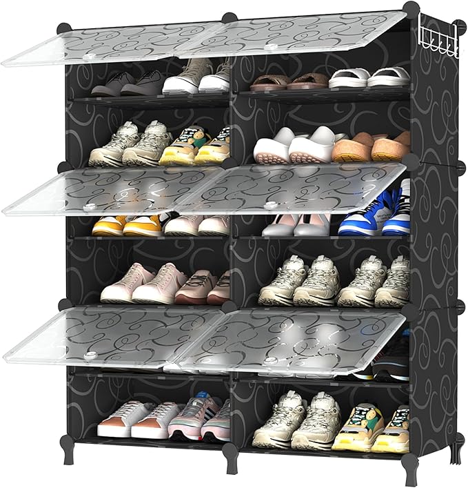 AWTATOS Shoe Rack, 6 Tier Shoe Storage Cabinet with Door, 24 Pair Shoe Organizer Shelves for Closet Hallway Bedroom Entryway, Black