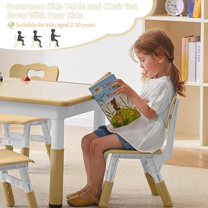 Toddler Table and Chairs Set for 4, 47.2''L x 23.6''W Kids Study Table and Chair Set, Height-Adjustable, Graffiti Desktop, Children Activity Table for Daycare, Classroom, Home