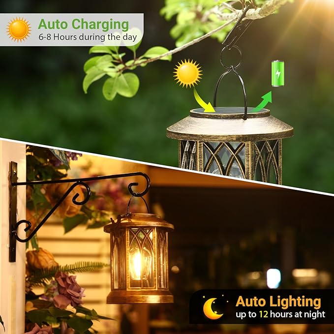 WdtPro Solar Lanterns Outdoor Lights, 4 Pack Bright Lanterns Outdoor Waterproof with Clip Patio Decor, Hanging Solar Lights for Outside Garden Yard Front Porch Table Decoration (Antique Copper)