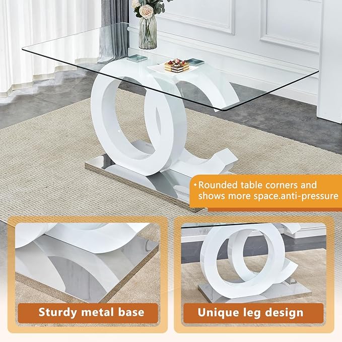 63'' Glass Dining Table Set for 6, Kitchen Table Chairs Set of 6, Clear Glass Dining Table with White unique design Leg and Silver Metal Base, 6 PU Dining Chairs with Metal Legs, Living Room, Kitchen.