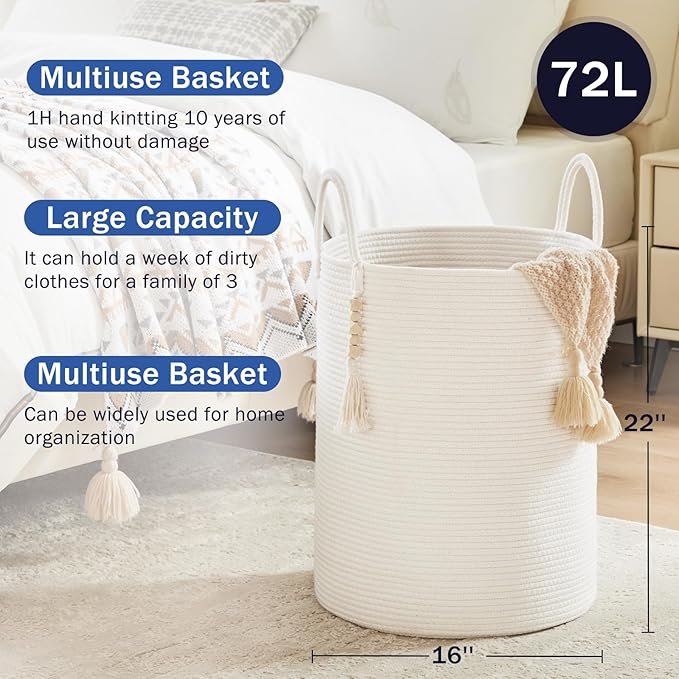 Fiona's magic Woven Rope Laundry Hamper, Tall Laundry Basket for Blanket Storage, Large Dirty Clothes Hamper for Toys, Decorative Baby Nursery Hamper for Bedroom, Living Room - White, 72L
