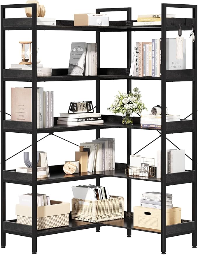 KOUSEI 5-Tier L-Shaped Reversible Corner Bookshelf, 65" Black Industrial Wood & Metal Bookcase, Wide Open Shelves + 4 Hooks for Living Room/Bedroom/Home Office