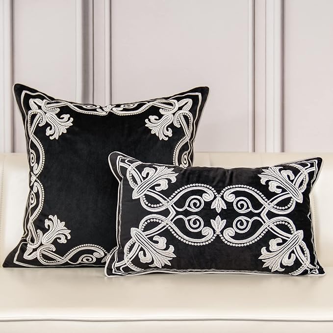 Aeckself European Floral Pillow Cover 18x18 Inch, Luxury Velvet Embroidered Decorative Throw Pillow Cover for Couch Bedroom Living Room, Black and White
