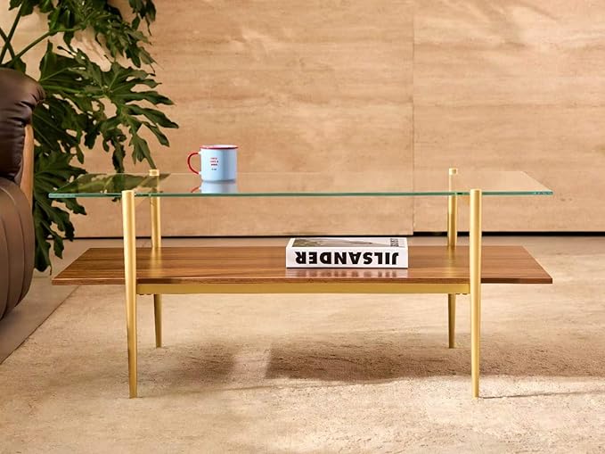 Shrine Rectangle Coffee Table, Mid-Century Modern Design, 2-Tier Structure, Clear Glass Top and Walnut MDF Shelf, 41" D x 21" W x 17" H, Sleek Conical Metal Legs with Gold Finish