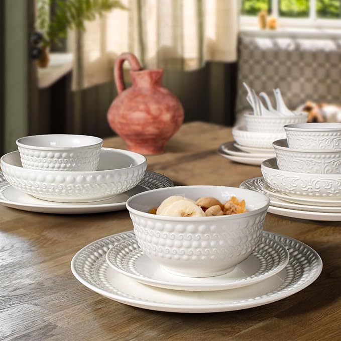 Cereal Bowls Set of 4 - Ceramic Soup Bowls for Kitchen 30 Oz Embossment White Breakfast Bowls for Rice, Pasta, Fruits, Salad, Ramen, 6.25 Inch, Dishwasher & Microwave Safe (Auspicious Clouds)