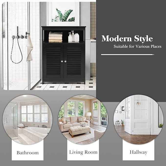 GLACER Bathroom Floor Cabinet, Wooden Storage Cabinet with Double Shutter Doors & 3-Position Adjustable Shelf, Side Storage Organizer, 23.5 x 12 x 31.5 inches (Black)