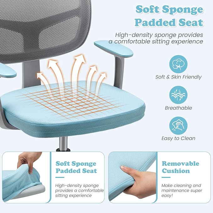 Giantex Kids Desk Chair, Height Adjustable Children Swivel Computer Chair with Y-Shaped Lumbar Support & Universal Casters, Mesh Kids Task Chair for Study, Boys Girls Aged 4-13, Blue