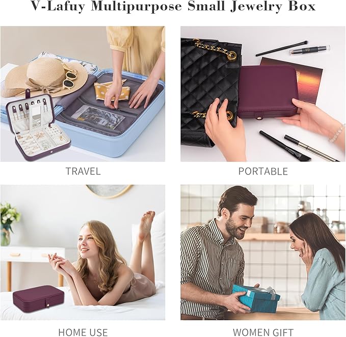 Jewelry Travel Organizer, Travel Jewelry Box Portable, Small Travel Jewelry Case with Mirror, PU Leather Small Jewelry Box for Women, Burgundy Red B