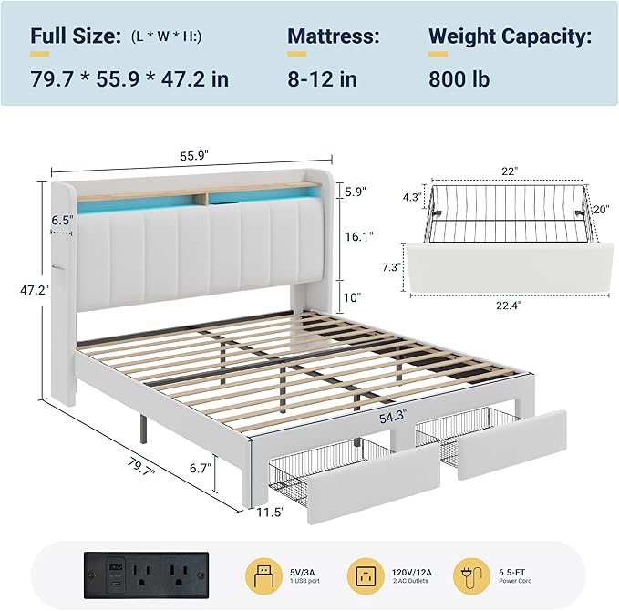 Allewie Velvet Vertical Tufted Full Size Upholstered Platform Bed Frame with 2-Tier LED Storage Headboard & 2 Storage Drawers, USB & Type-C Charging Ports, Noise-Free/No Box Spring Needed, White