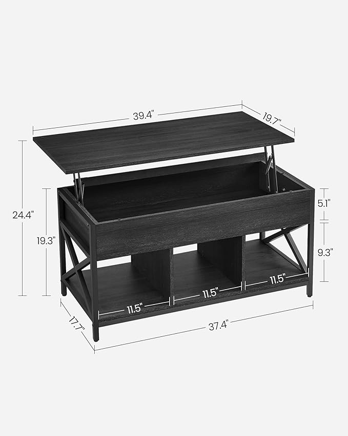VASAGLE Lift Top Coffee Table, Lift Coffee Table with Storage Shelf, Hidden Compartments and Lifting Top, for Living Room, Office, 19.7 x 39.4 x (19.3-24.4) Inches, Black with Wood Grain ULCT202B22