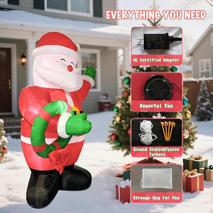 Giant Inflatable Santa Claus Christmas Decoration, 8Ft LED Lighted Outdoor Holiday Decor with Wreath, Fast Self-Inflating, Yard Lawn Garden Display