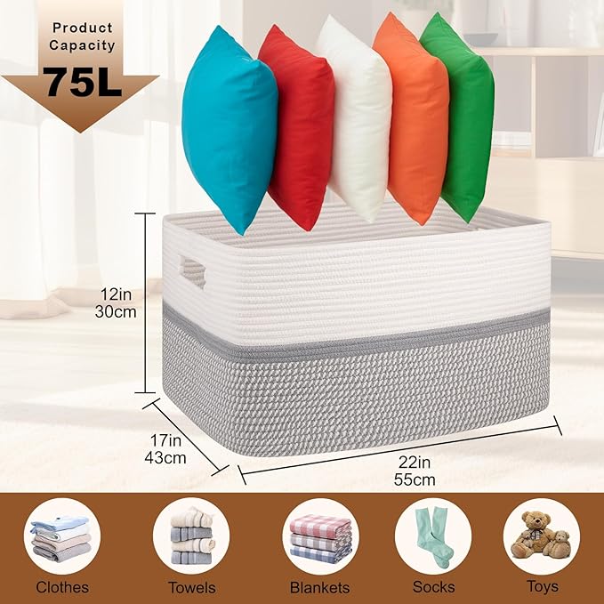 OIAHOMY Extr Large Toy Storage Basket, Rectangle Cotton Rope Storage Basket, Blanket Basket Living Room, Woven Baskets for Organizing, 25 x 16 x 16 Inches-Grey/White