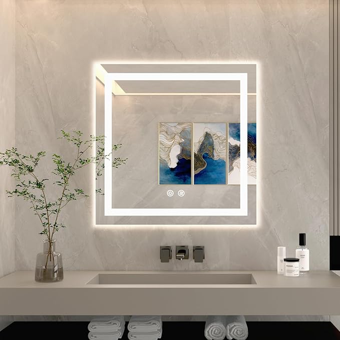32 X 32 Inch Square LED Bathroom Vanity Mirror, 3 Colors Light Dimmable, Wall Mounted Memory Lighted Makeup Mirror with Anti-Fog Touch Switch (Front-lit&Backlit)