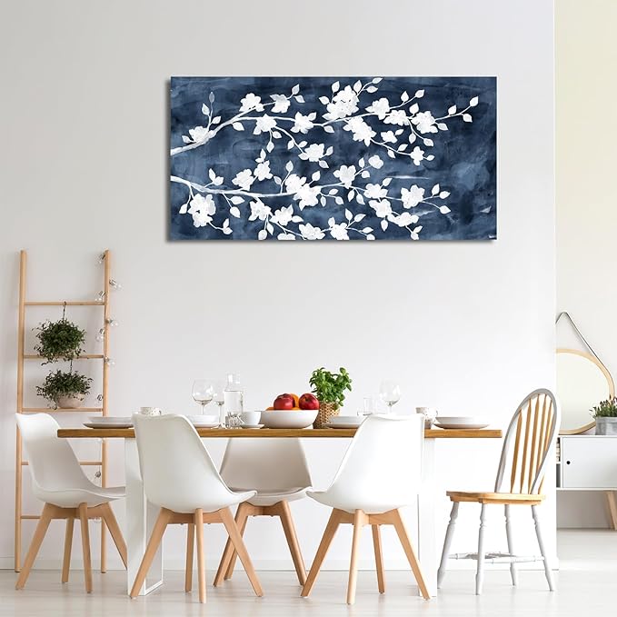 NINEASO Abstract Flowers Canvas Wall Art - Gray White Tree Floral Branches Pictures Wall Decor White Blossom Deep Indigo Blue Background Painting Artwork for Living Room Bedroom Home Decor 20" X 40"