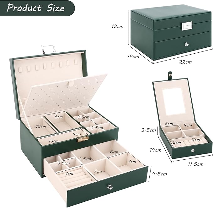 DesignSter Jewelry Organizer Box, 2 Layers Large Jewelry Box with Travel Jewelry Case, Leather Jewelry Storage Case for Rings Earrings Bracelets Necklaces (Green)