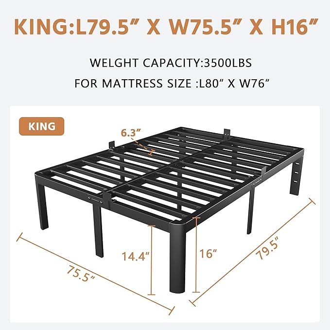 King Size Bed Frames 16 Inch, Metal Black King Bed Frame No Box Spring Needed, DIY Headboard Holes, Heavy Duty Steel Support 3500 LBS, Noiseless, Round Corner Leg, Storage Space, Easy Assembly