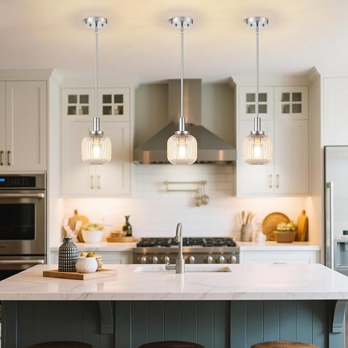 Brushed Nickel Pendant Lights Kitchen Island, 1-Light 5.9" Modern Glass Pendant Light with Clear Glass and Rods, Mini Hanging Lighting for Kitchen Sink Bathroom Bedroom, OS-YQ7749-1PBN