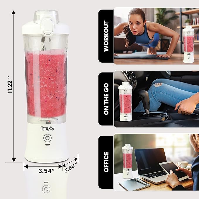 Total Chef Portable Blender - USB Rechargeable Personal Smoothie Mixer, Protein Shake Maker, Cordless Travel Mini Licuadora, Blend Frozen Fruit, Drink Milkshake On The Go,Ice Crusher 20 OZ, White