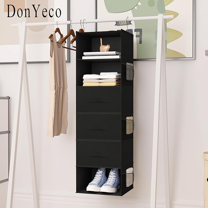 6-Shelf Hanging Closet Organizer with Drawers, Wardrobe Clothes Storage Foldable Portable Hanging Closet Shelves for Clothes Shoes, 47"x13.75"x12.25", Black