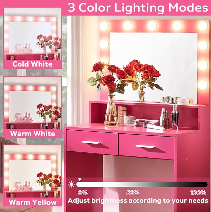 MIRROTOWEL Vanity Desk with Mirror and Lights, Dressing Table with Large Drawer, 2 Level Storage Dresser & 3 Lighting Modes Adjustable Brightness, Suitable for Bedroom