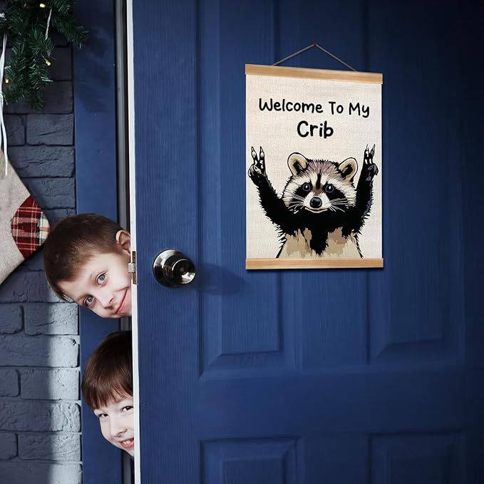 ZTGDA Welcome to My Crib Wall Art,Funny Raccoon Poster Durable Man Cave Wall Decor,Raccoon Canvas Hanging Sign for Entryway, Dorm Room, Nursery or Bedroom Decor (My crib raccoon)