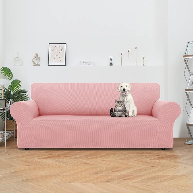 LURKA Stretch Sofa Slipcovers 1 Piece Couch Covers for 3 Cushion Couch Sofa Furniture Protector Full Sofa Covers with Elastic Bottom for Kids and Dog (Large, Pink)