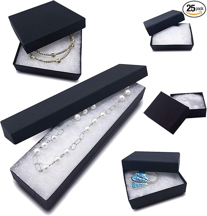 TheDisplayGuys - 25-Pack #99 Cotton Filled Cardboard Paper Jewelry Boxes Gift Case - Matte Black (5 Sizes Assortment) - for Shipping or Storage