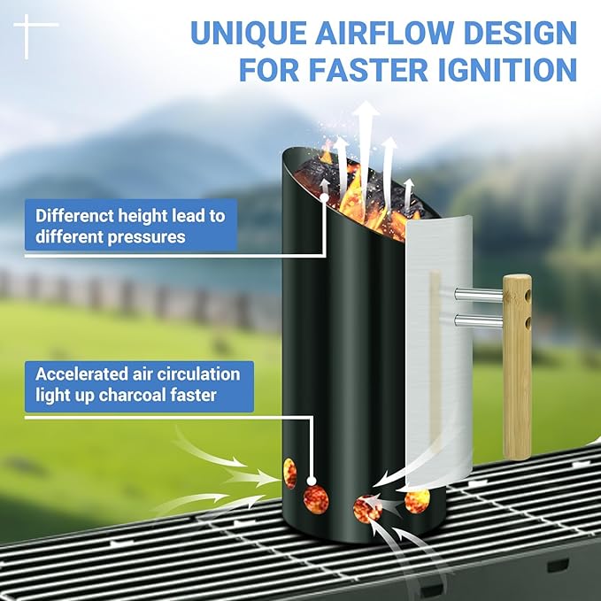 Charcoal Chimney Starter Double Enameled Chimney Starter Charcoal Chimney with Heat Shield & Wood Handle Great Heat Insulation Coal Starter for Grill Easy Grip Charcoal Starter, Black
