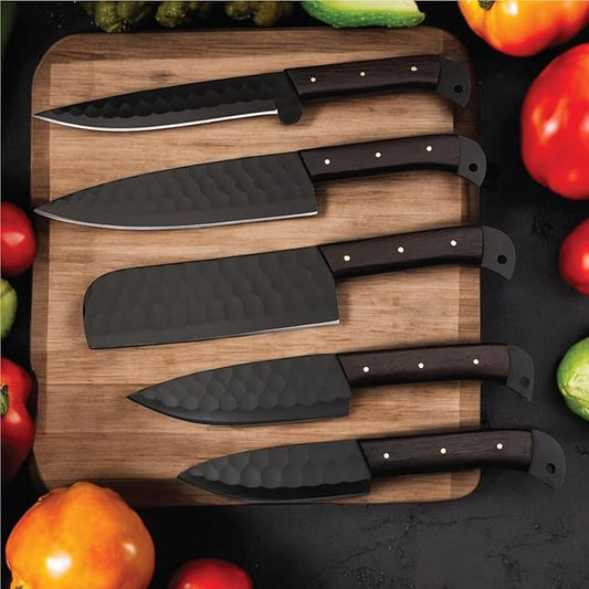 5 PCS Handmade Kitchen Chef Knife Set Hand Forged High Carbon Steel Blade Wengiwood Handle With Leather Bag Kit set included (Chef, Cleaver, Butcher, Paring, Fillet knife, Utility Knife) (Wengi Wood)