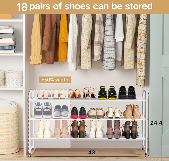 KEETDY 3-Tier Long Shoe Rack for Closet Metal Shoe Organizer for Entryway, Wide Stackable Shoe Storage Shelf with Sturdy Wire Grid for Closet Floor, Bedroom, White