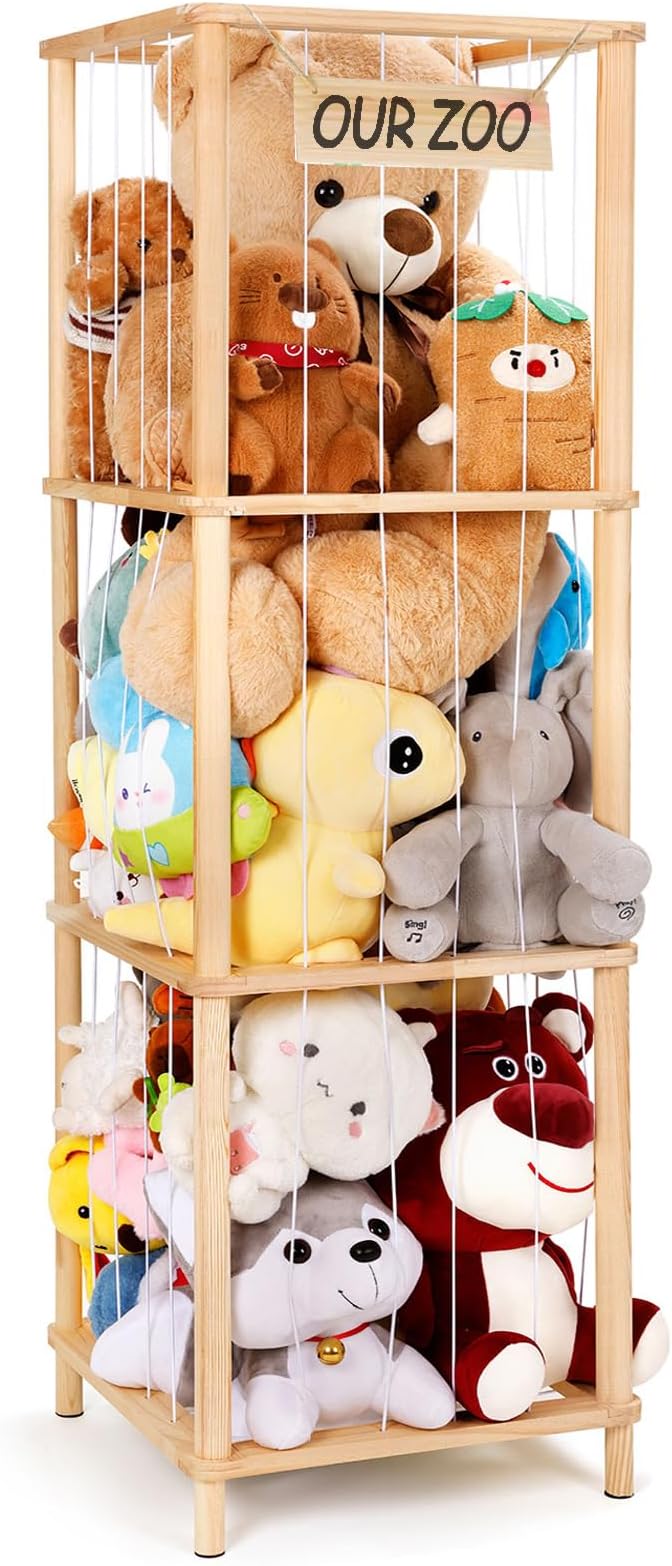ACEPRUT Wood Stuffed Animal Storage Holder for 50 Plushies, Three Tier Vertical Large Stuffed Animal Zoo Organizer for Playroom Bedroom, Toy Storage Birthday Gifts for Kids