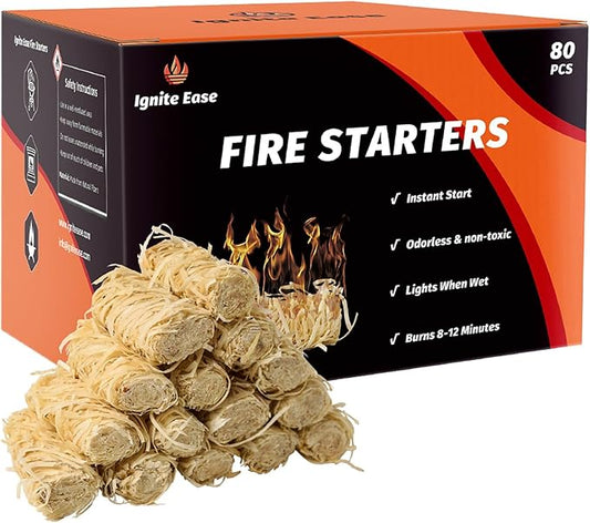 80pcs Natural Fire Starters - All Weather Waterproof Firelighters for Campfire, Grill, BBQ, Fire Pit, Fireplace, Wood Stove, Pizza Oven | Charcoal Starter, Odorless & Eco-Friendly