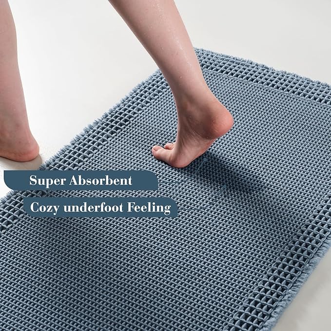 RESARE Waffle Bathroom Runner Rugs, Super Absorbent Bath Mat Non Slip Washable Quick Dry, Upgraded Ultra Soft Boho Bath Rugs with Tassels for Hallway Bedroom Laundry Room, 2'x6'(24"x72"), Blue