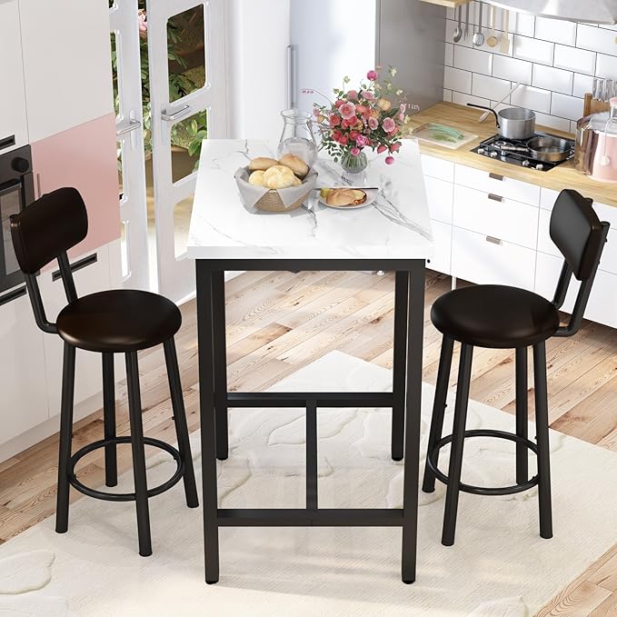 Dining Table Set, 23.6” Square Faux Marble Table with 2 PU Upholstered Backrest Chairs, 3-Piece Kitchen Dining Room Set for Small Spaces, Kitchen, Restaurant Furniture, White
