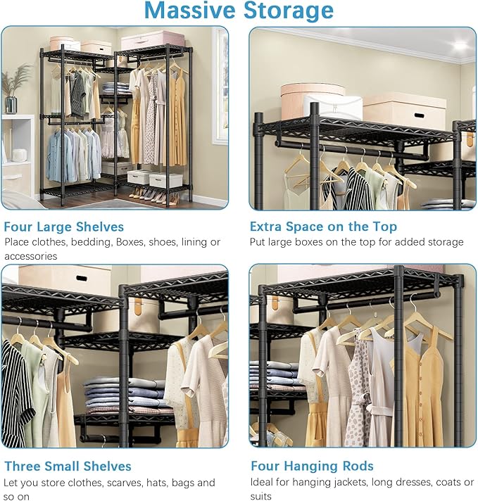 VIPEK L6 Garment Rack L Shaped Clothes Rack Heavy Duty Clothing Rack Metal Freestanding Closet with 7 Adjustable Shelves & 4 Hanging Rods 43.3"L x 43.3"W x 76.4"H, Max Load 750LBS, Medium Size, Black