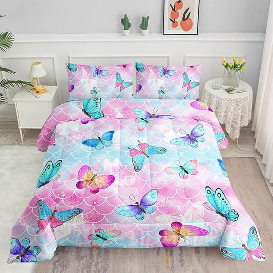 Kids Comforter Set Mermaid Scale Butterfly Printed Pattern Bedding Set with 1 Comforter and 2 Pillowcases for Girls Boys Bedroom All Season(Mermaid Full)
