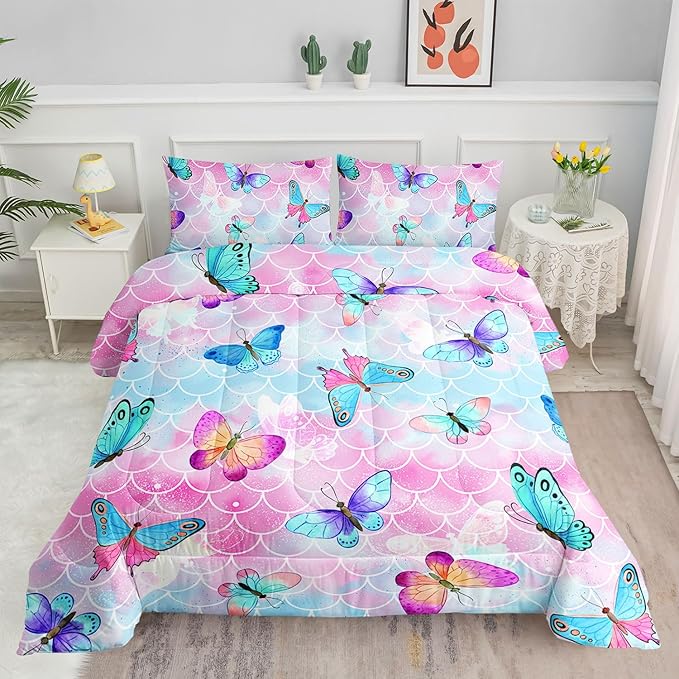 Kids Comforter Set Mermaid Scale Butterfly Printed Pattern Bedding Set with 1 Comforter and 2 Pillowcases for Girls Boys Bedroom All Season(Mermaid Queen)