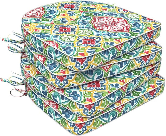 Set of 4 Outdoor Chair Cushions 19"x19"x2",Water Repellent Dining Seat Cushion with Ties and Removable Covers, Chair Cushions for Indoor and Patio Furniture, Damask Red