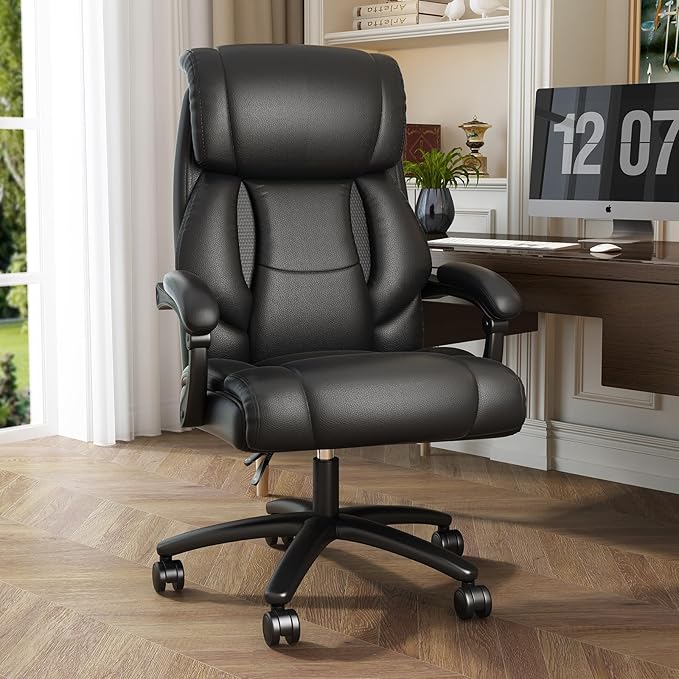 Reclining Office Chair,Recling 90-155°,Ergonomic Office Chair with Lumbar Suppot,Big and Tall Leather Desk Chair,High Back Executive Chair(Black)
