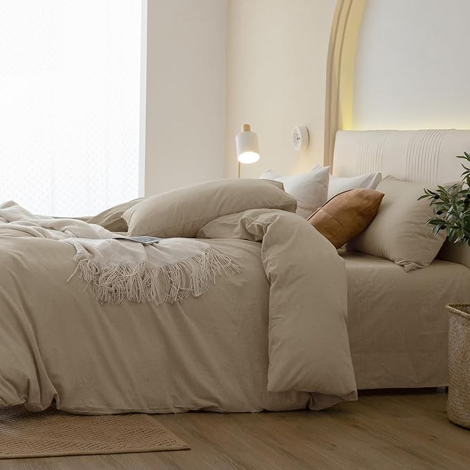 JIYUAN 100% Washed Cotton Duvet Cover Set 3 Pieces Cal King, 1 Duvet Cover 104x98 Inches(Comforter Not Included) and 2 Pillowcases,Linen Feel Bedding Set Comfy and Breathable, Heathered Tan