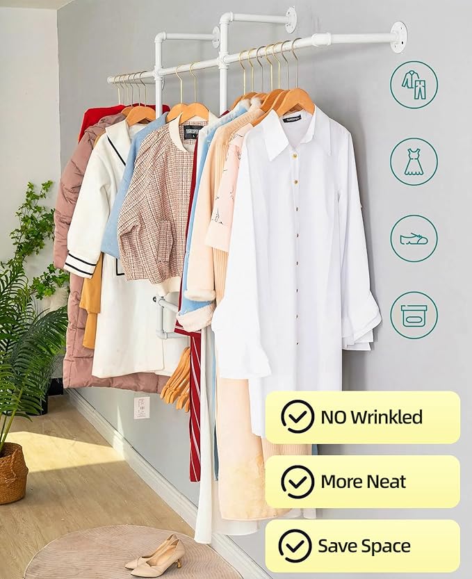 Industrial Clothing Racks Garment Racks, Wall Mounted Pipes Clothes Racks with Four Hanging Rods, Heavy Duty Garment Racks, Industrial Steampunk Closet Organizer Hall Tree (Metal Pipes-White)