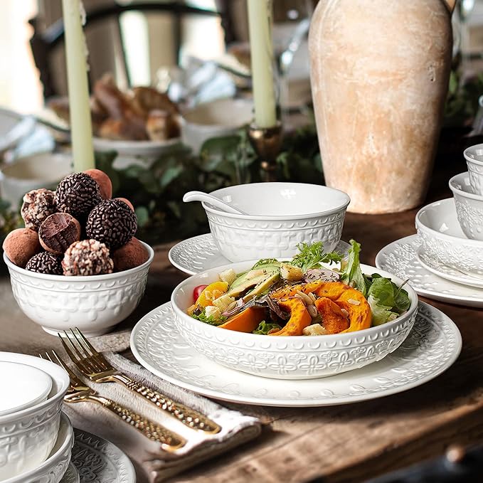 Small Ceramic Bowls - 14 Oz Ice Cream Bowls Set of 4, White Embossment Dessert Bowl for Kitchen, Soup, Side Dishes, Oatmeal, Rice, 4.75 Inch Microwave Oven Safe(Cross Floral)