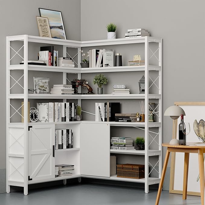 Corner Bookshelf 6 Tier, Large White Wooden Bookcase for Corner,Farmhouse Etagere L Shaped Book-Shelf with Metal Frame & Cabinet for Living Room Home Office