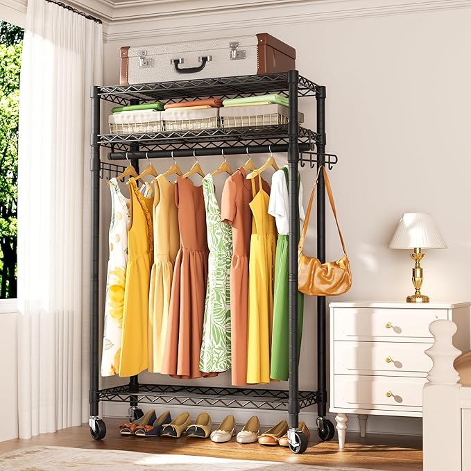 Heavy Duty Clothes Rack Rolling Garment Rack,3 Tier Adjustable Wire Shelving Clothing Racks for Hanging Clothes with Hanger Rod&Side Hooks,Freestanding Wardrobe Storage Rack Metal Portable Closet