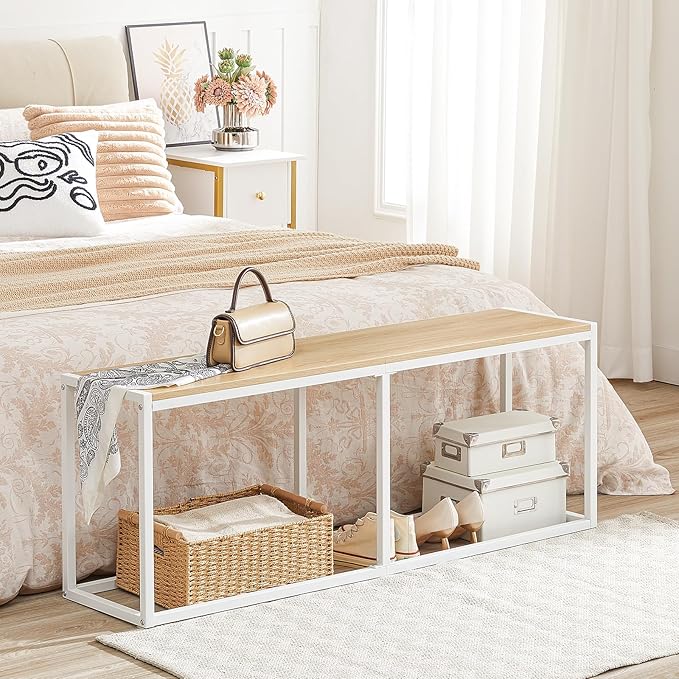 HOOBRO Dining Bench, 47.2 Inch Industrial Style Kitchen Table Bench, Steel Frame, Easy to Assemble, for Kitchen, Dining Room, White and Natural WN12CD01