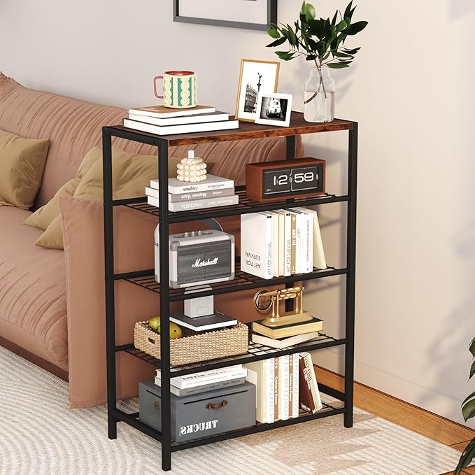 Yusong Shoe Rack Organizer, 5 Tier Industrial Shoe Storage Shelf, Narrow Sturdy Metal Shoe Shelves for Closet Entryway, Rustic Brown